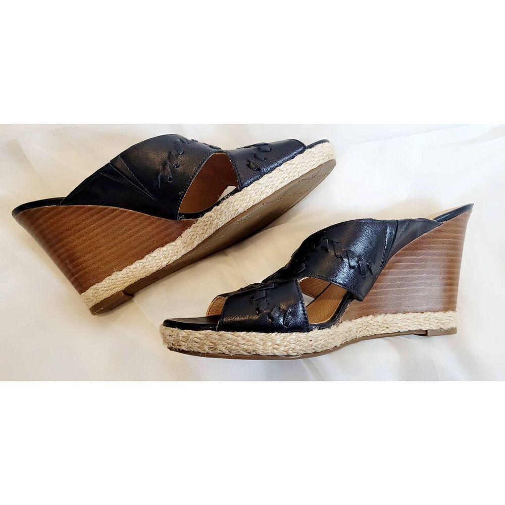JACK ROGERS Sophia Black Leather Straw Wedge Wooden Heel US 8M